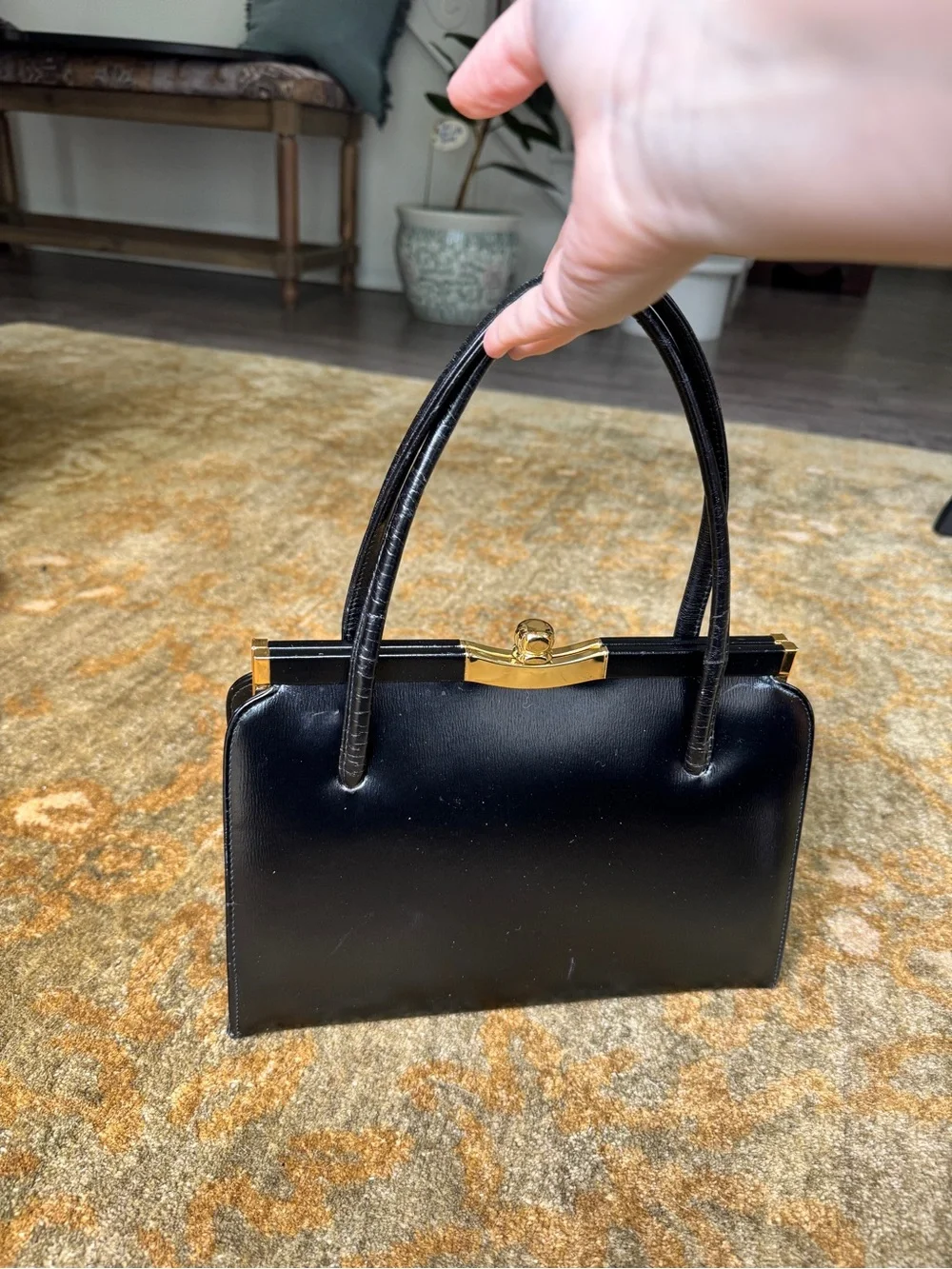 Vintage Classic Black Leather Top-Handle Handbag with Gold Trim Made in Canada